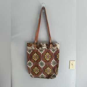 Olay Bags Large Double Leather Strap Cowhide Canvas Tote Weekender Bag Western